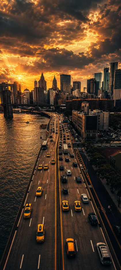 urbane skyline mit straße, gelben taxis und dramatischem sonnenuntergang als stadt hintergrundbilder und schöne hintergrundbilder in 4k.