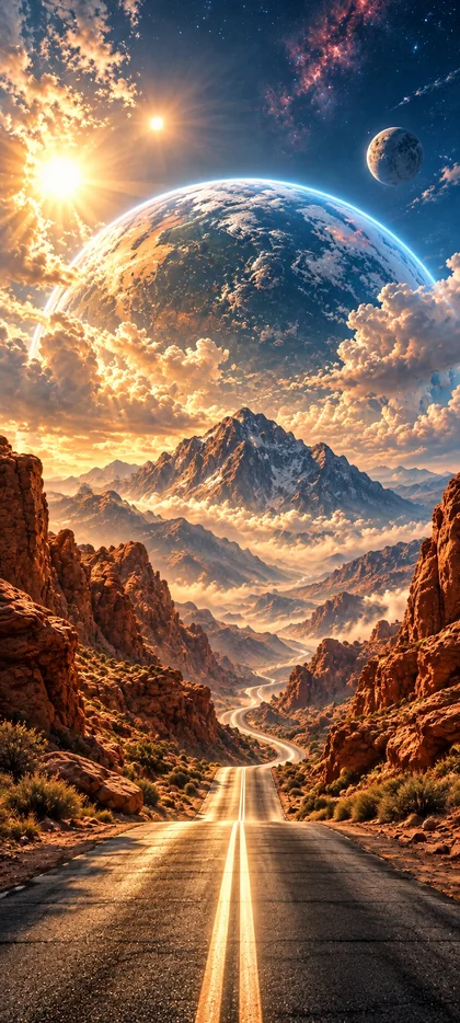 Gerade Straße durch eine felsige Berglandschaft mit riesigem Planeten, Monden und leuchtendem Himmel als Weltraum Hintergrundbild