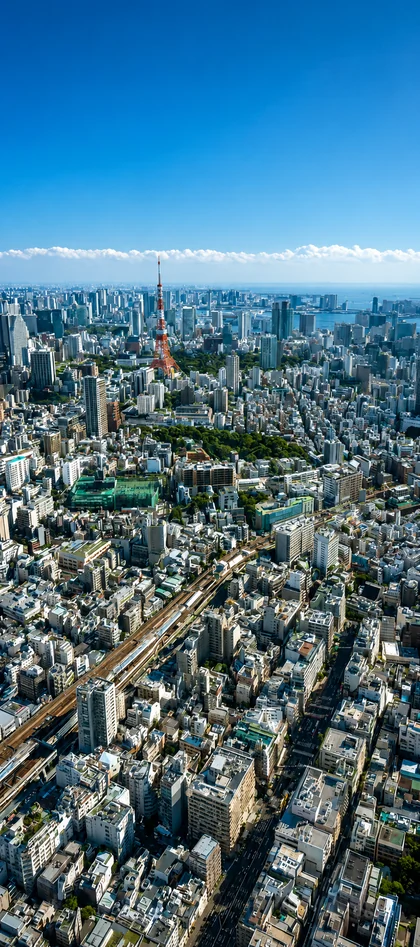 Tokio Skyline mit Tokyo Tower dichtem Stadtbild blauem Himmel und weitem Blick über Japan als modernes Handy Hintergrundbild