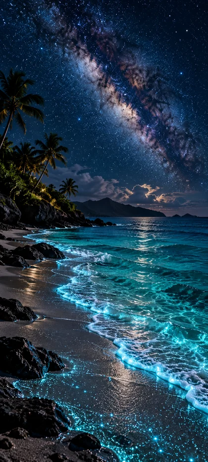 Tropischer Strand bei Nacht mit Palmen, türkisfarbenem Meer, felsiger Küste und heller Milchstraße am Sternenhimmel