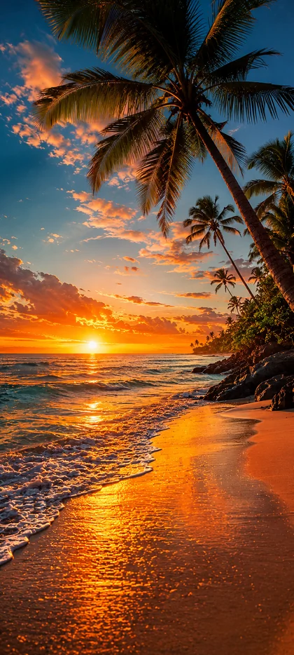Tropischer Strand mit Palmen, Meer und goldenem Sonnenuntergang als 4K Handy Hintergrundbild