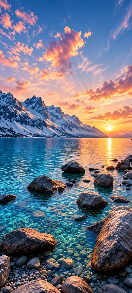iPhone 18 Hintergrundbild mit türkisblauem Bergsee, schneebedeckten Bergen, Felsen und Sonnenuntergang für iPhone 18 Pro und iPhone 18 Pro Max