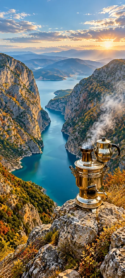 Traditioneller türkischer Samowar auf einem Felsen über einer tiefen Bergschlucht mit blauem See und Sonnenuntergang als Natur Hintergrundbild