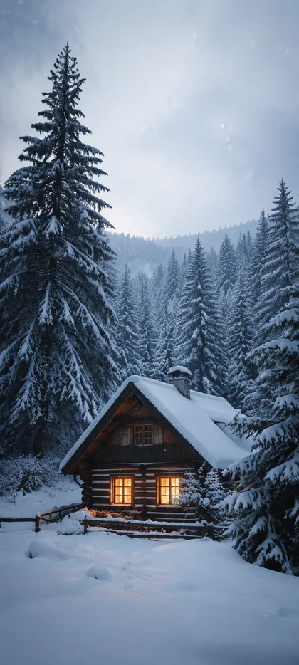 Warm beleuchtete Holzhütte in einem tief verschneiten Tannenwald im Winter