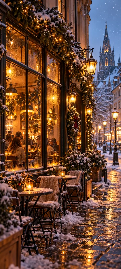 Gemütliches Café in einer verschneiten deutschen Altstadt mit warmen Lichtern, Weihnachtsdekoration und fallendem Schnee als Winter Hintergrundbild