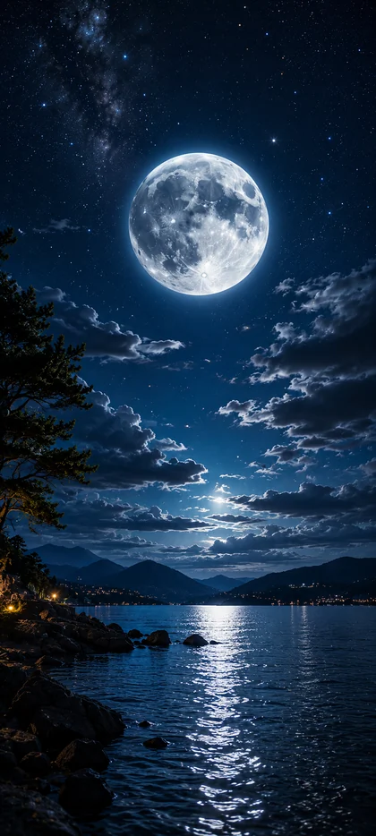 Leuchtender Vollmond über einem Bergsee mit Sternenhimmel und Spiegelung im Wasser als 4K Handy Hintergrundbild