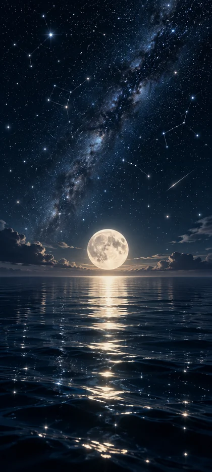 Leuchtender Vollmond über einem ruhigen Meer mit Sternenhimmel, Milchstraße und heller Mondspiegelung auf dem Wasser