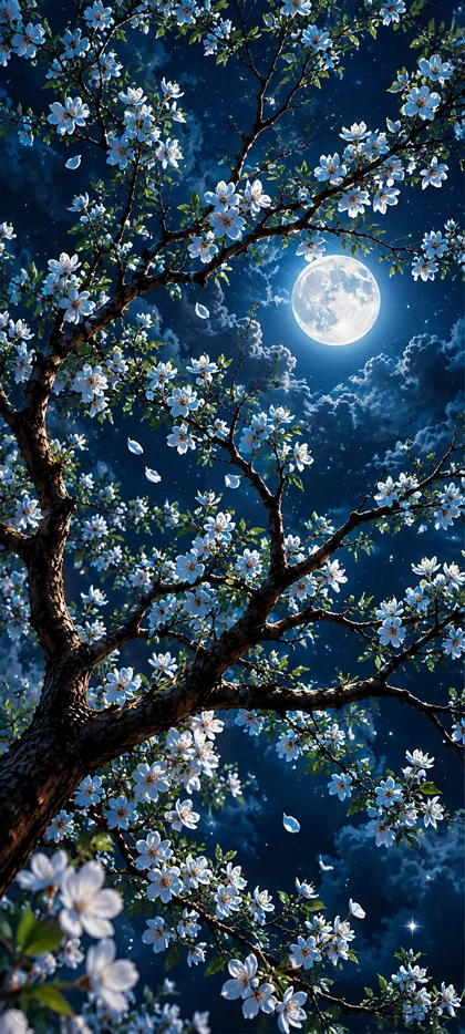 Vollmond zwischen weißen Blüten bei Nacht – iPhone 18 Hintergrundbilder
