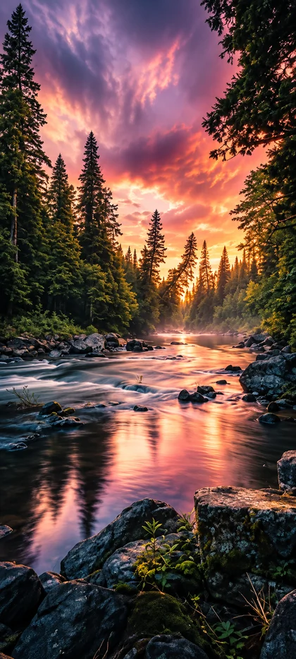 iPhone 18 Hintergrundbild mit Waldfluss, hohen Nadelbäumen, Felsen und rosa-orangefarbenem Sonnenuntergang für iPhone 18 Pro und iPhone 18 Pro Max