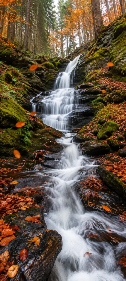 Fließender Wasserfall zwischen moosbedeckten Felsen und buntem Herbstlaub in einem dichten Wald