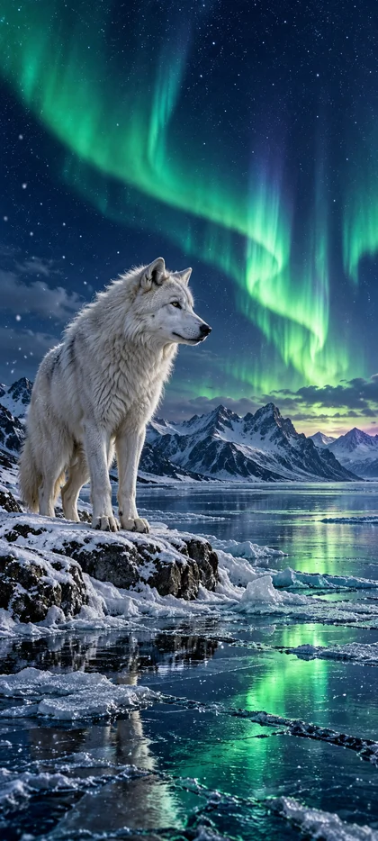 Weißer Wolf unter grünen Nordlichtern auf verschneiter Landschaft mit Eis und Bergen als Tiere Hintergrundbild