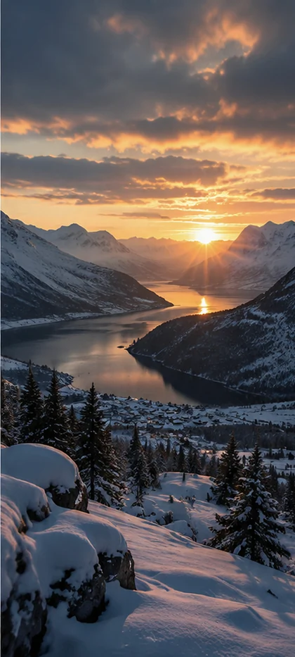 Winterlicher Fjord bei goldenem Sonnenuntergang