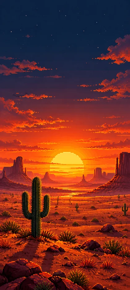 iPhone 18 Hintergrundbild mit großem Kaktus in einer roten Wüstenlandschaft, leuchtend orangefarbenem Sonnenuntergang, Felsformationen und dunklem Sternenhimmel.