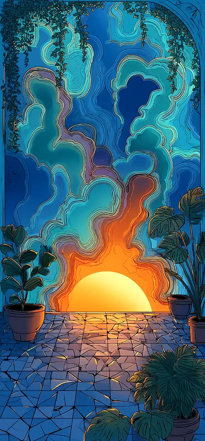 Abstrakte Blaue Sunset Landschaft – Ästhetisches Handy Hintergrundbild