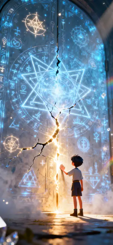 Anime Hintergrundbild: Ein Kind vor einem gigantischen, magisch leuchtenden Steintor mit Runen.