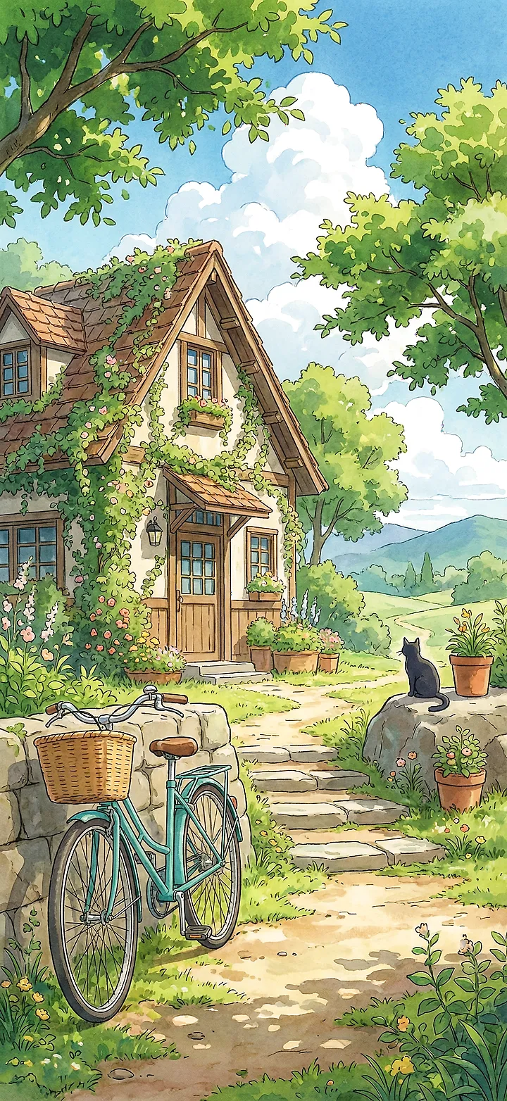 Anime Wallpaper: Sommer Cottage, Fahrrad 