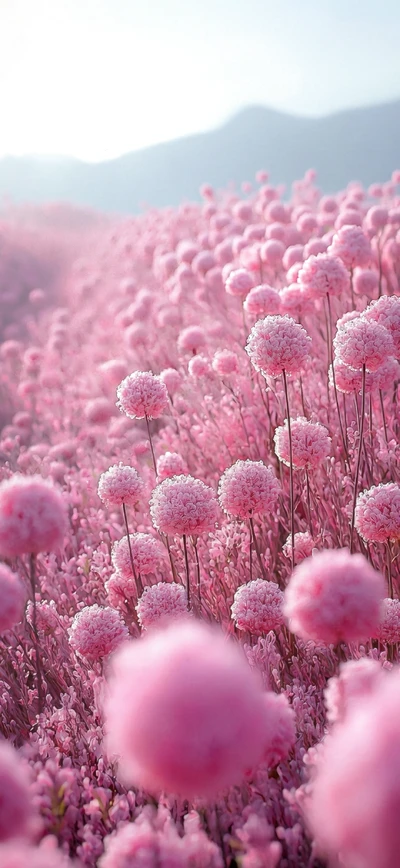 Ästhetisches Handy Wallpaper: Pinke Blumenwiese mit unscharfem Hintergrund.