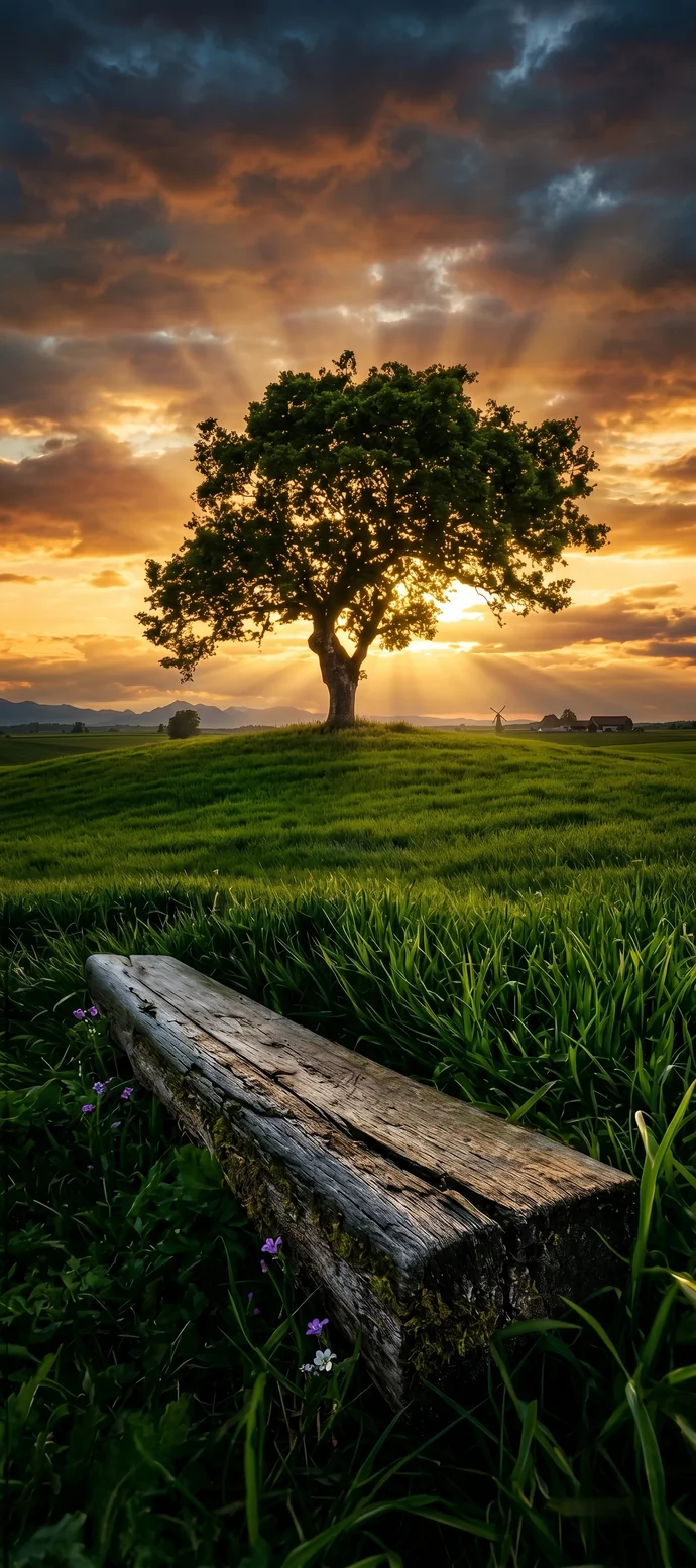 Ein großer Baum auf einer grünen Wiese bei Sonnenuntergang als 4K Handy Hintergrundbild