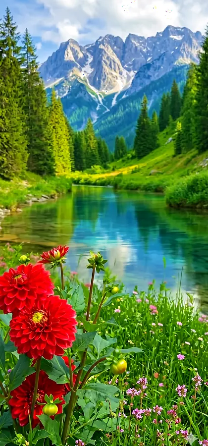 Bergsee Blumen Wallpaper – Natur Handy Hintergrundbild in 4K