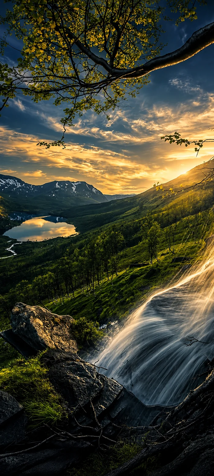 Bergsee Wasserfall Sonnenuntergang – 4K Handy Wallpaper
