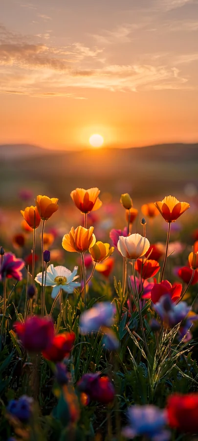 Blumenfeld Sonnenaufgang Hintergrundbild – Ästhetisches Natur Wallpaper
