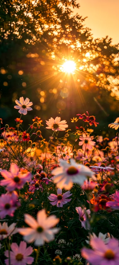 Blumenfeld Sonnenuntergang Hintergrundbild – Romantisches Natur Wallpaper