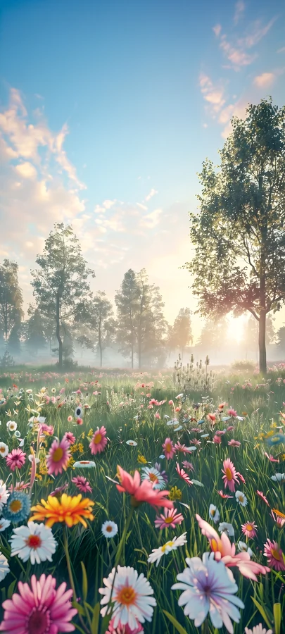 Blumenwiese Morgenlicht Hintergrundbild – Ästhetisches Natur Wallpaper in 4K