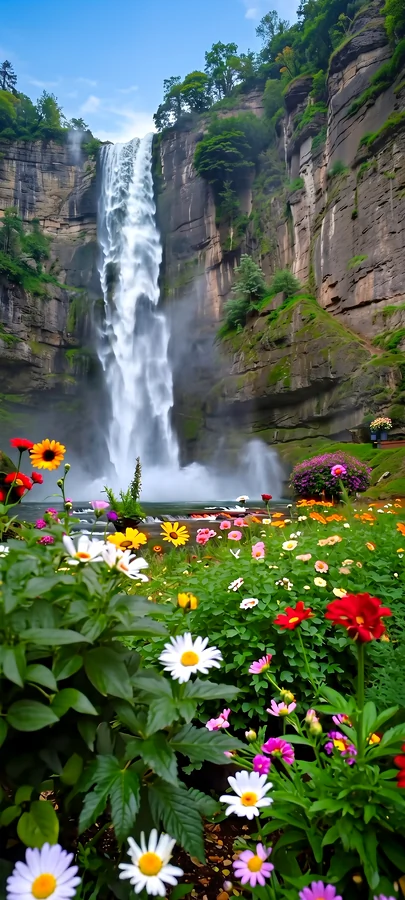 Blumenwiese Wasserfall Hintergrundbild – Friedliches Natur Wallpaper in 4K