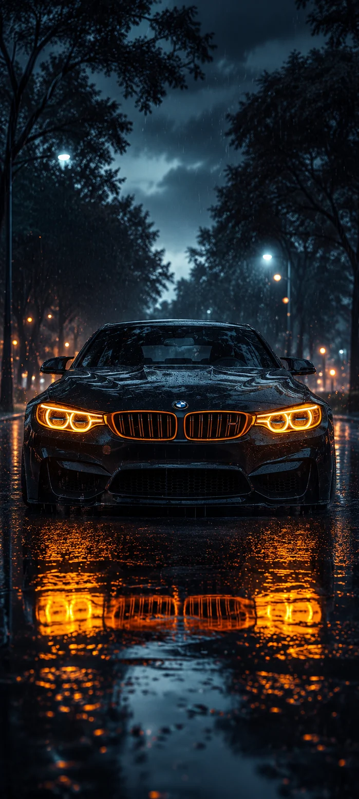 Schwarzer BMW M4 bei Nacht im Regen mit leuchtenden Scheinwerfern als 4K Handy Hintergrundbild