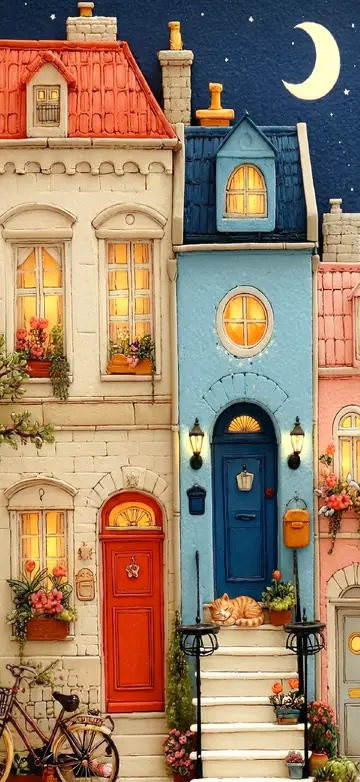 Niedliches 3D-Hintergrundbild bunte Häuser bei Nacht mit Katze und Mond im Clay Art Stil für iPhone und Handy.