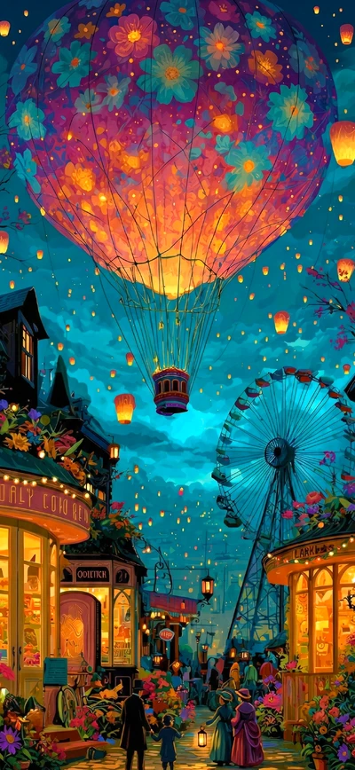 Farbenfrohes Handy Hintergrundbild: Magische Nachtszene mit Ballons
