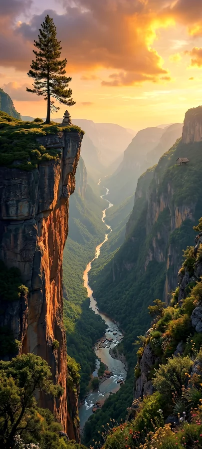 Tiefe Canyonlandschaft mit Fluss und Sonnenuntergang in epischer hintergrundbilder Naturkulisse in 4K.