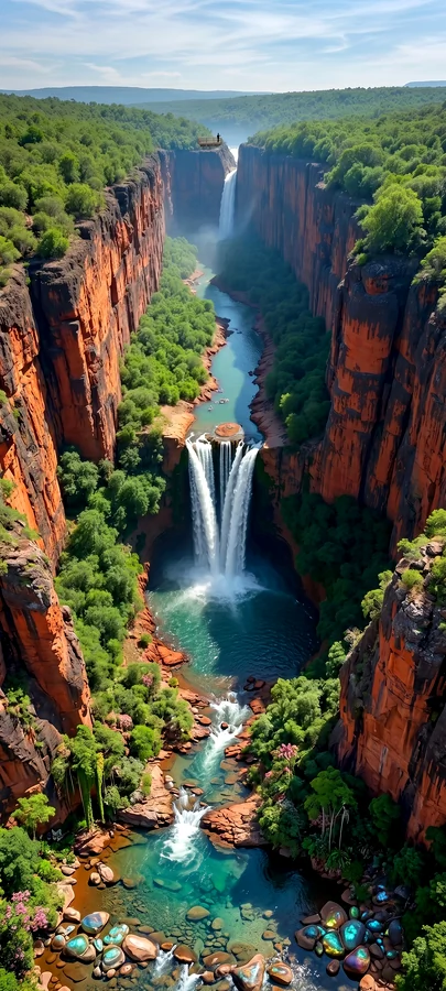 Canyon Wasserfall Luftaufnahme Hintergrundbild – Atemberaubendes Natur Wallpaper in 4K