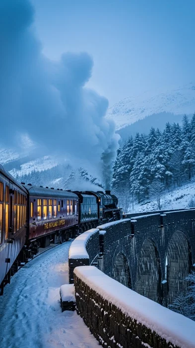 Dampflok auf dem Viadukt im Schnee