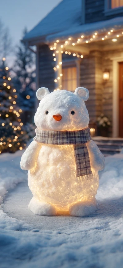 Glitzernder Schneebär mit Schal als Handy Hintergrundbild.