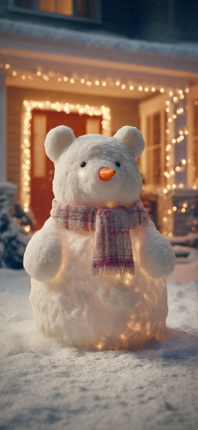 Winterliches iPhone Wallpaper: Kardan Bär mit Schal vor beleuchtetem Haus.