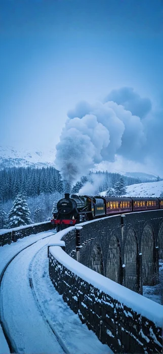 Der Winter-Express: Magische Dampflok auf verschneitem Viadukt – Exklusives 4K Wallpaper