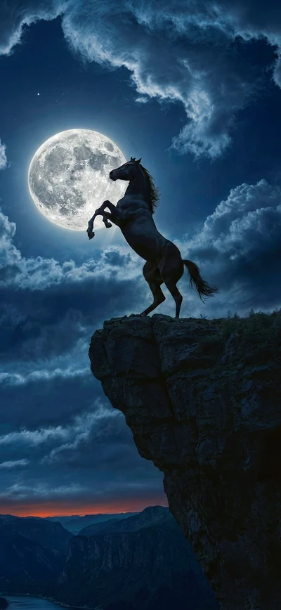 Mystisches 4K Wallpaper: Pferd Silhouette vor Nachthimmel und Wolken