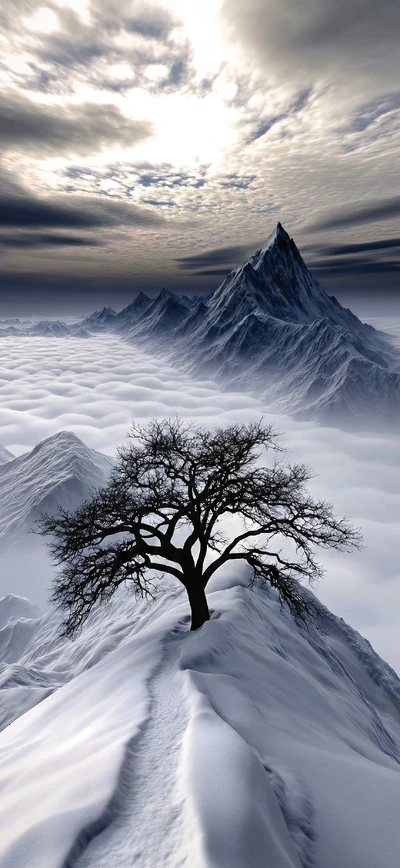 Einsamer Baum über dem Wolkenmeer: Majestätisches Winter Handy Wallpaper & Berglandschaft