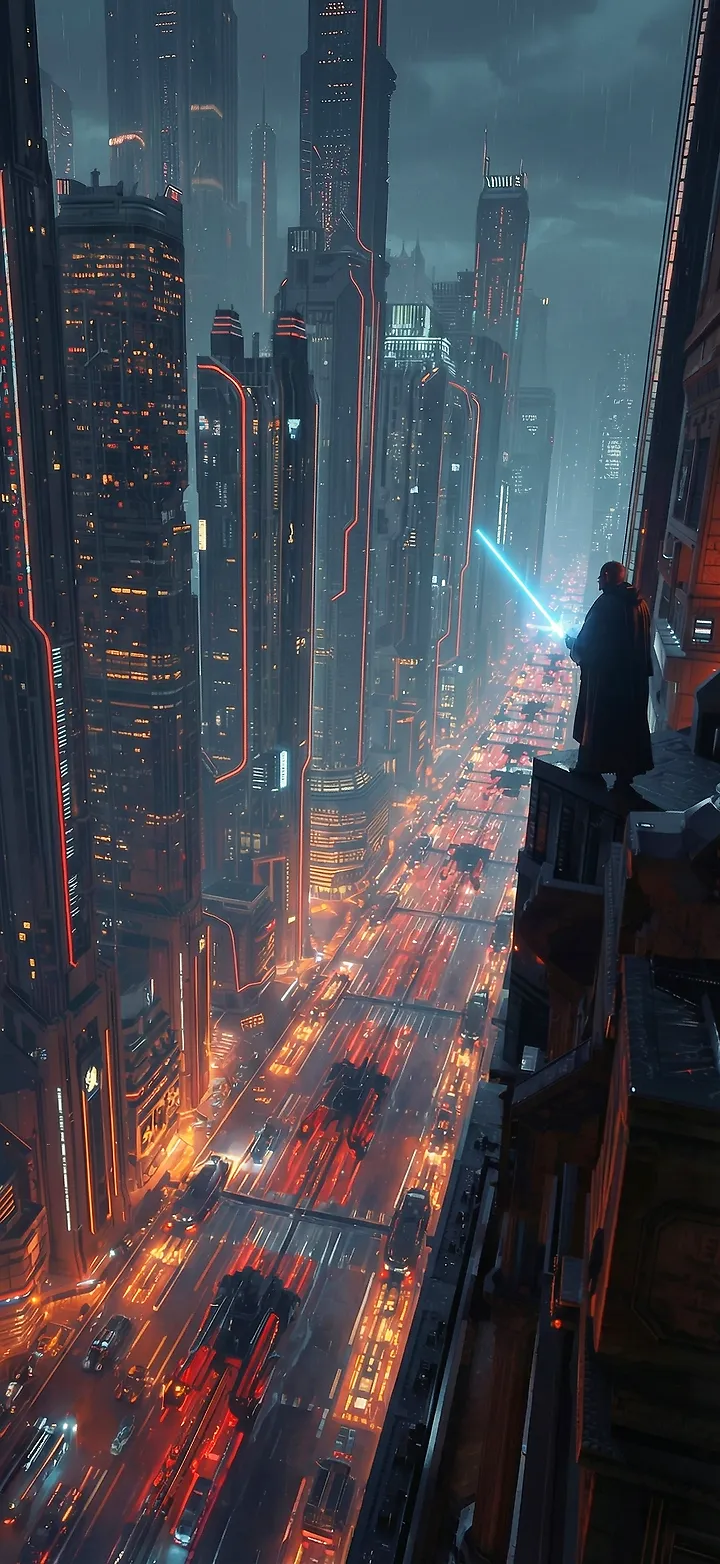 Episches Star Wars Hintergrundbild: Coruscant bei Nacht & Jedi Wächter Wallpaper