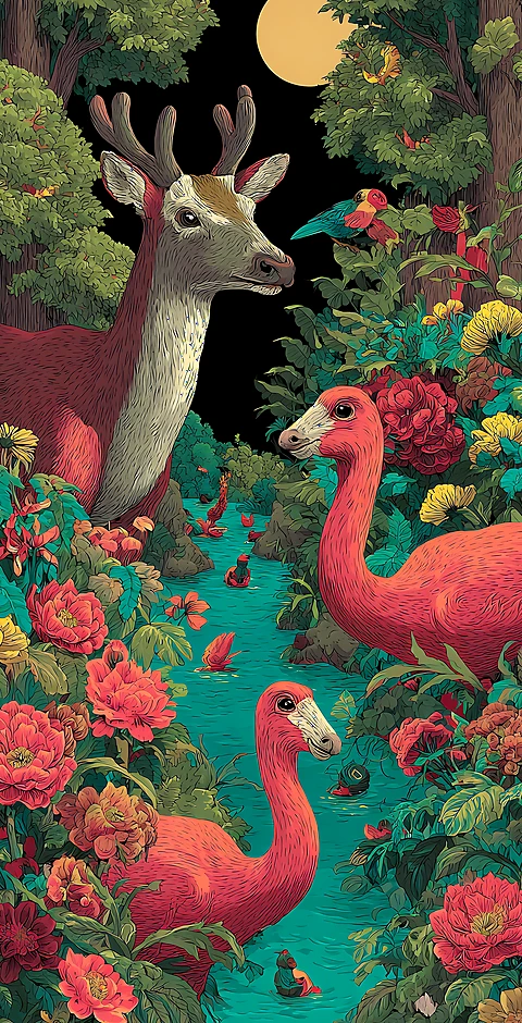 Fantastische Waldszene mit Hirsch und exotischen Vögeln bei Vollmond