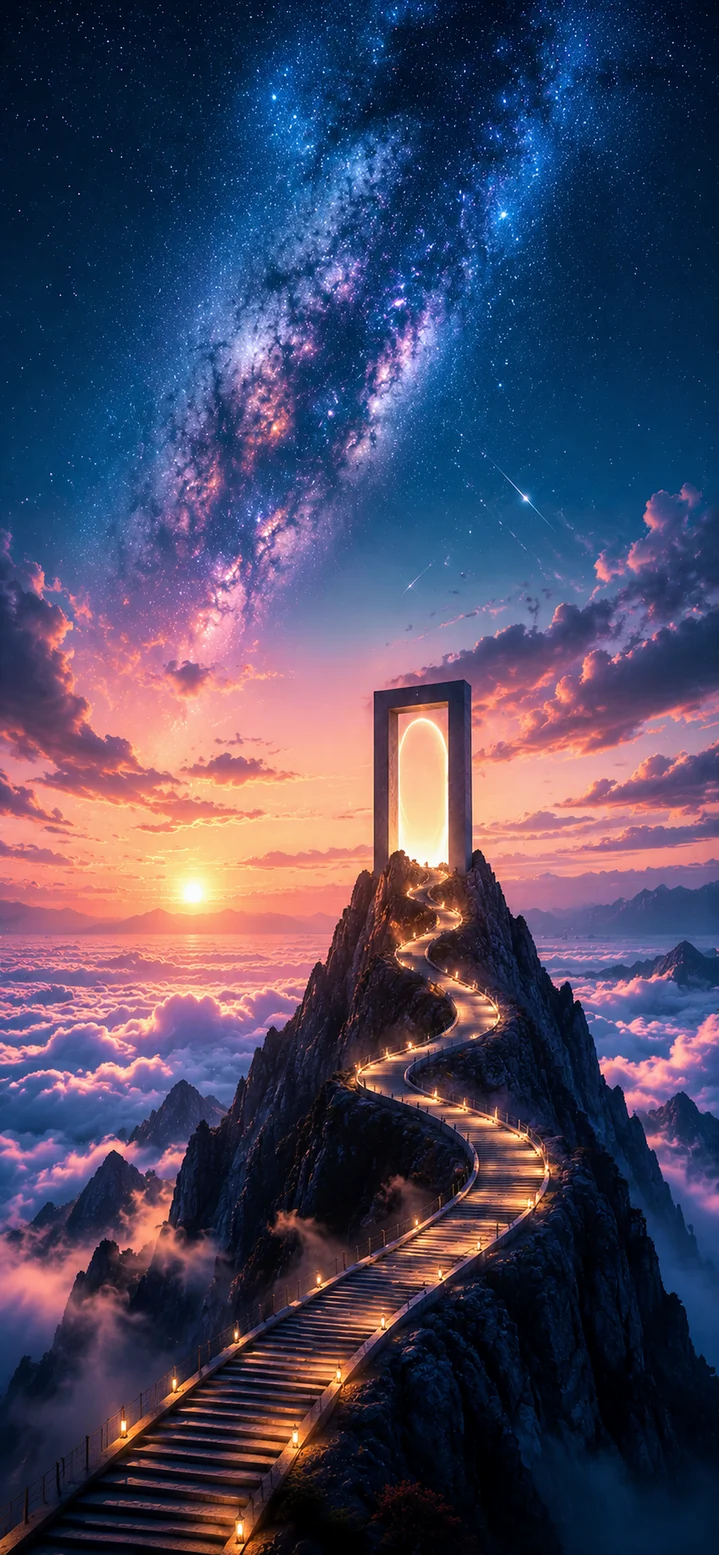 fantasy himmel portal mit galaxie und bergpfad als kostenlose hintergrundbilder 4k und iphone hintergrundbilder.