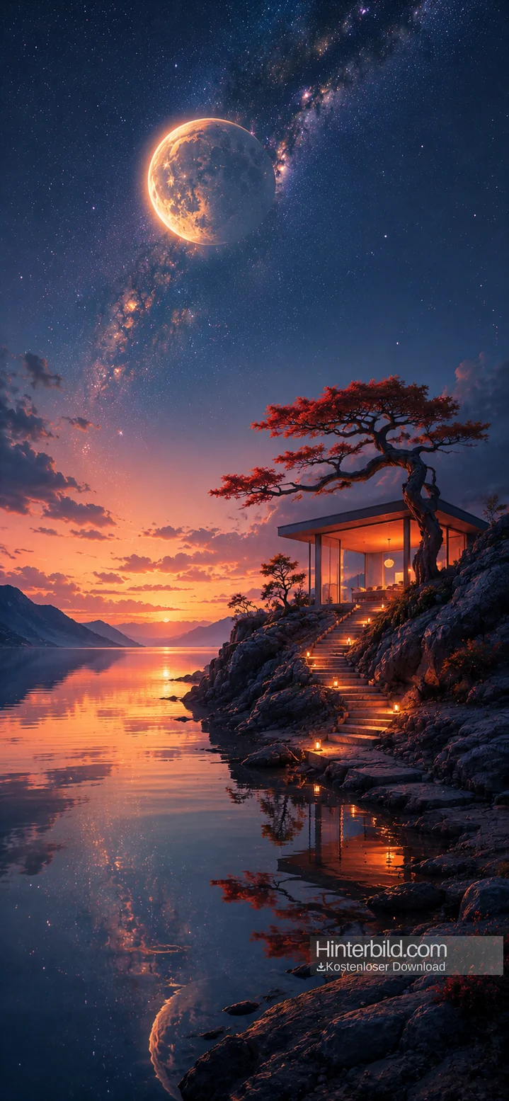fantasy mond landschaft mit ruhigem see und japanischem haus als iphone hintergrundbilder und fantasy wallpaper in 4k.