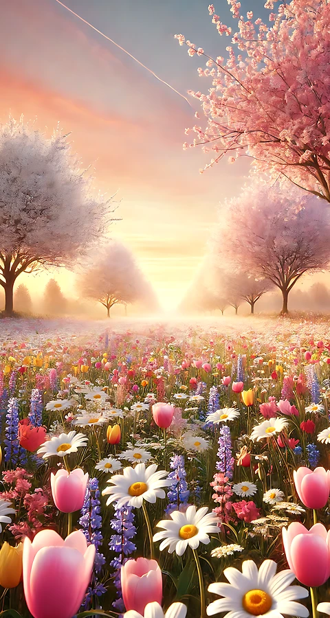 Frühling Hintergrundbild – Blumenfeld & Kirschblüten 4K Wallpaper