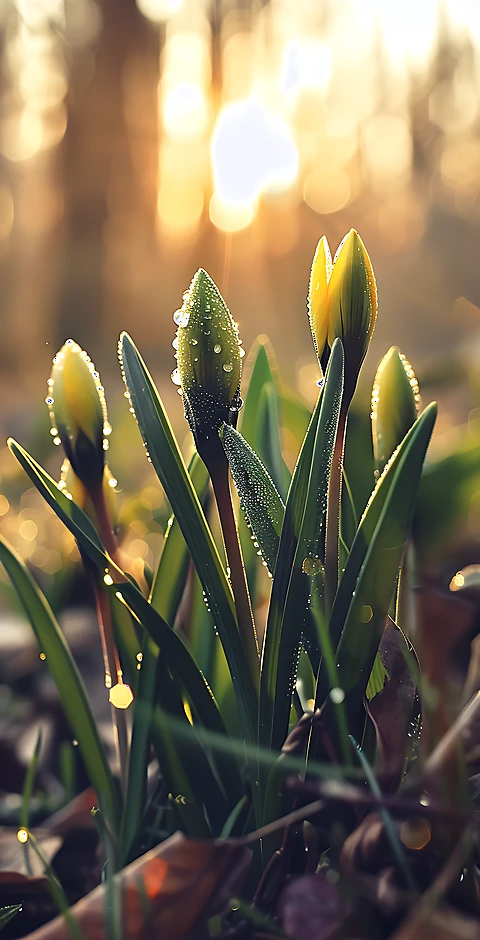 Frühlingserwachen Hintergrundbild: Sonnenaufgang & Blumen-Wallpaper