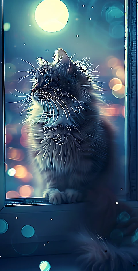 iPhone Wallpaper: Süße Katze am Fenster im Mondschein