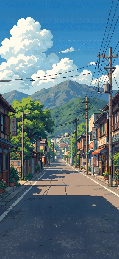 Detailliertes Japan Pixel Art Wallpaper einer Straße mit Bergen und blauem Himmel im Retro-Anime-Stil.