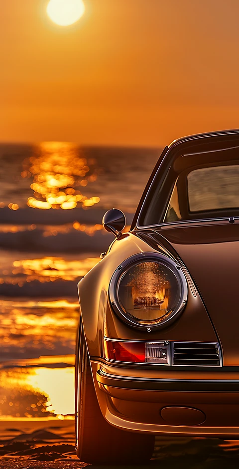 Kostenlose 4K Wallpaper: Klassisches Auto am Strand im Sonnenuntergang
