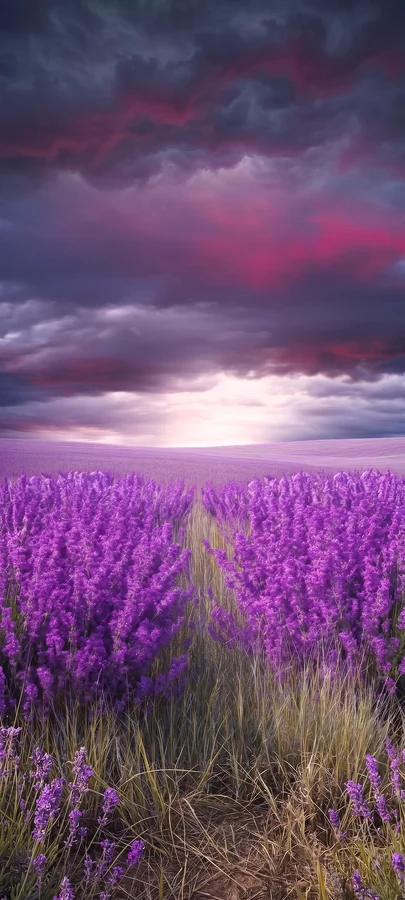 Großes Lavendelfeld unter dunklem lila Himmel in dramatischer hintergrundbilder lila Naturstimmung in 4K.