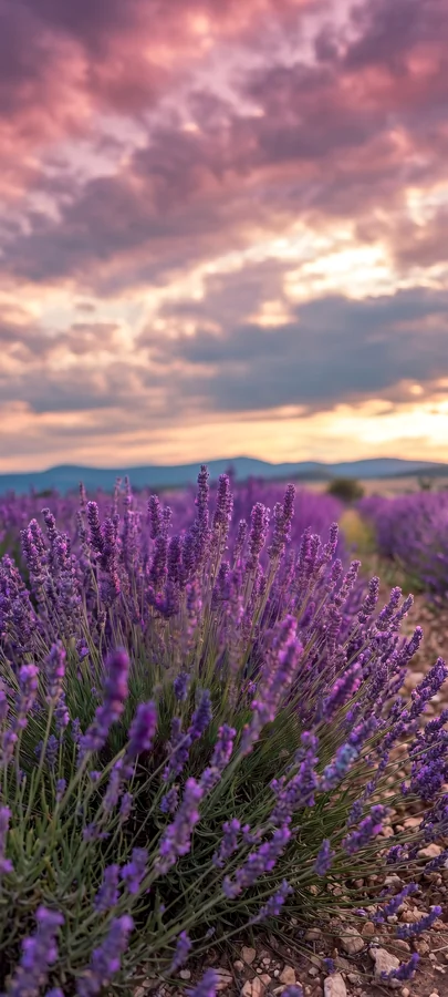 Lila Lavendelfeld unter farbigem Abendhimmel in ruhiger hintergrundbilder lila Naturstimmung in 4K.
